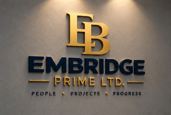 EMBRIDGE PRIME LTD gold EB monogram and company name on a wall